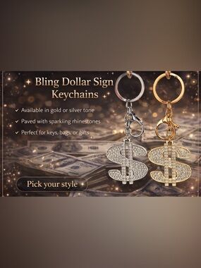 Gold and Silver Rhinestone Dollar Sign Keychain - Bling Accent